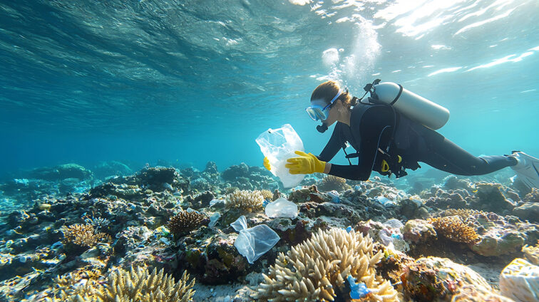 Conservationist gently picking up plastic waste and marine debri