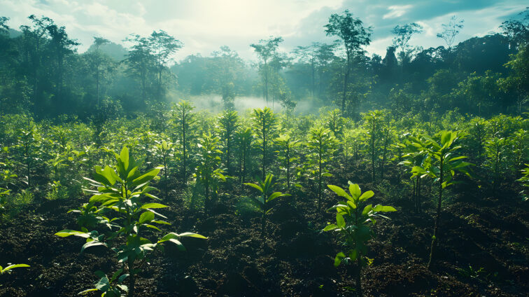 A hopeful image of a reforestation project in action, demonstrat